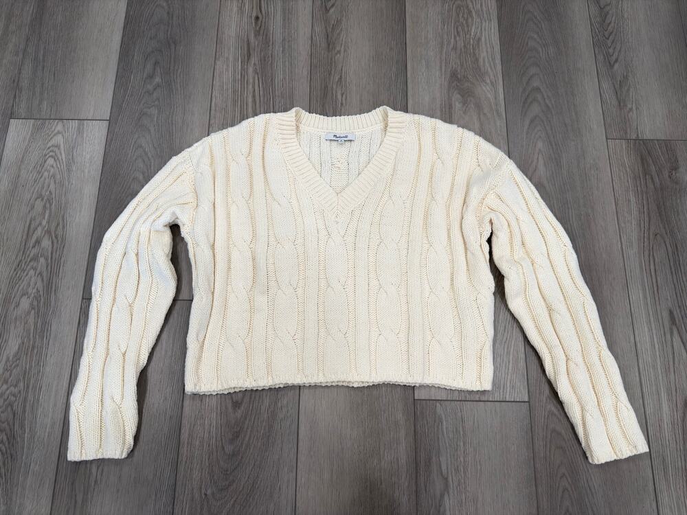 Madewell Cable Knit Relaxed Cozy V-Neck Crop Sweater Antique Cream Medium